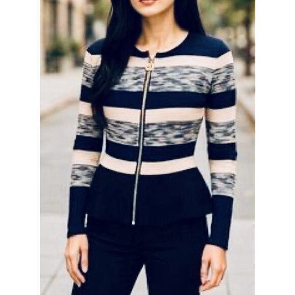 Women’s Inc International Zip Sweater Striped peplum Long Navy Black medium - Picture 1 of 7